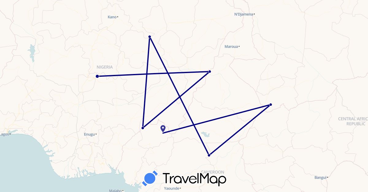 TravelMap itinerary: driving in Cameroon, Nigeria, Chad (Africa)